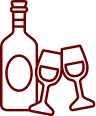 Bouteille et Verres à Vin : Icône Toast Silhouette rouge foncé d'une bouteille de vin à côté de deux verres à vin levés en toast, symbolisant une célébration ou dégustation.